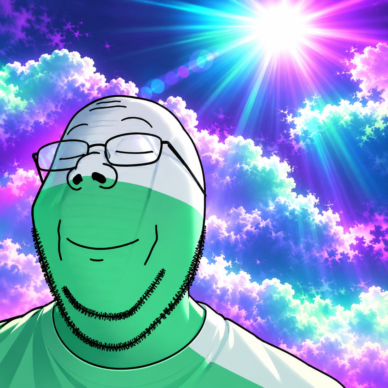 Pumpjak character under radiant neon clouds